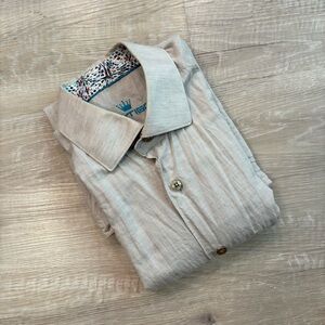 Bertigo Short Sleeve Button Up Shirt Neutral Tan Casual Summer Linen Blend Med